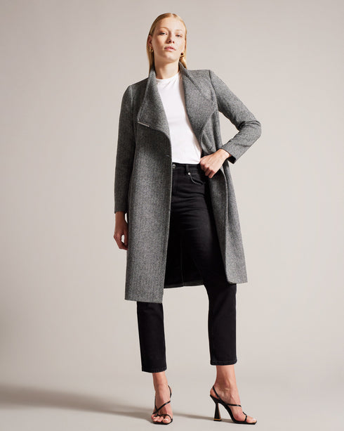 ROSEANE-Outerwear-Wrap yourself in elegance and warmth with the exquisite ROSEANE. Made from 100% wool with a herringbone texture, this coat exudes timeless style. Metal edge details refine the look for everyday wear. Wrap coat 100% wool Belted waist Button fastening Metal hardware tipping Pockets Herringbone texture Midi length- Ted Baker Romania